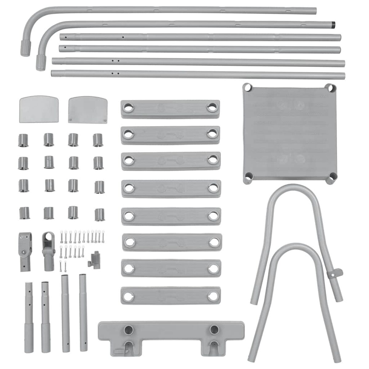 Zerlegte Möbelkomponenten, hauptsächlich grau, mit Schrauben und Verbindern.