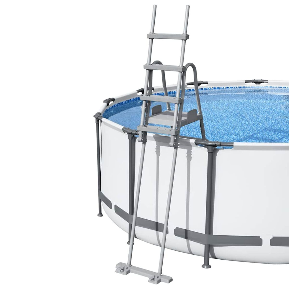 Aufstellpool mit Leiter. Der Pool hat blaues Wasser und weiße Seiten.