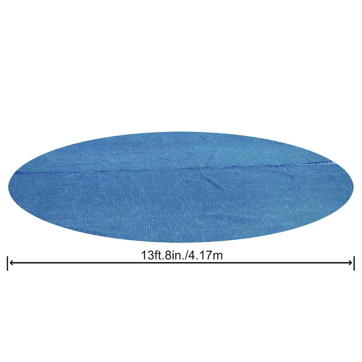Blaue, ovale Poolabdeckung. Schwarzer Pfeil zeigt die Länge 13ft 8in./4,17m.