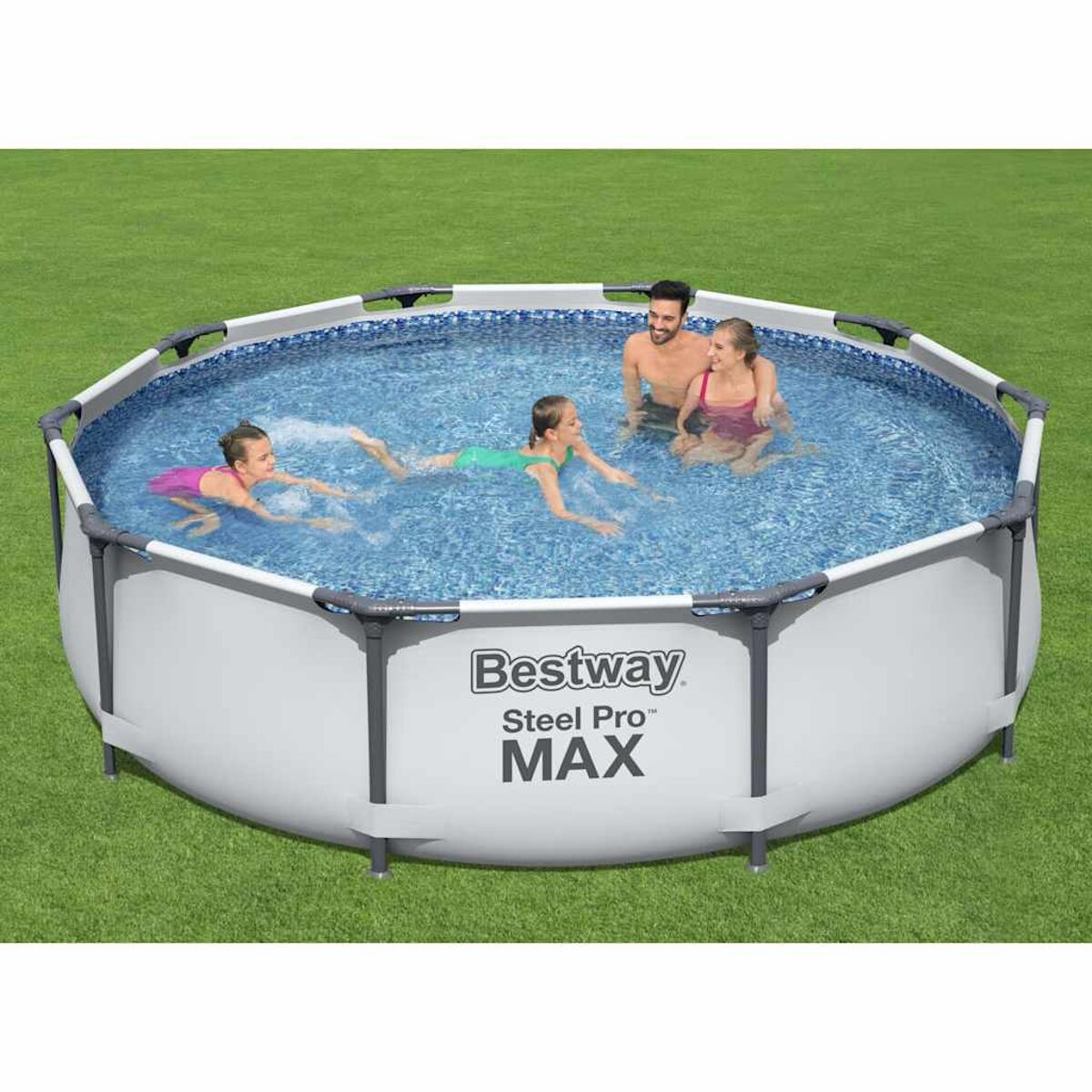 Leute in einem runden, oberirdischen Pool. Grünes Gras. Bestway Steel Pro MAX.