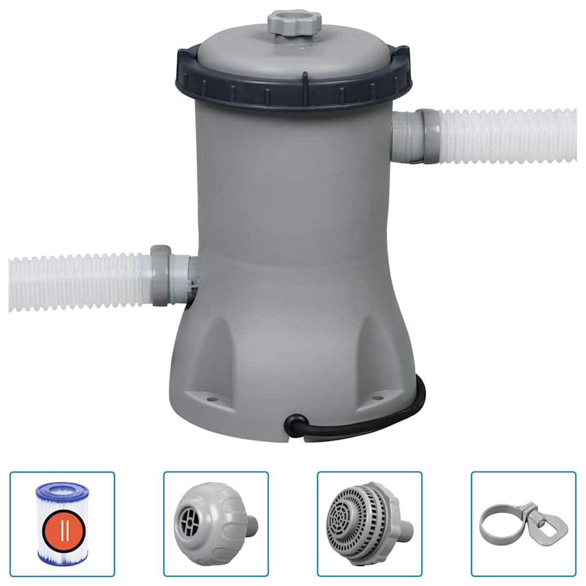 Grauer Poolfilter mit weißen Schläuchen. Zusätzliche Filterkomponenten unten sichtbar.