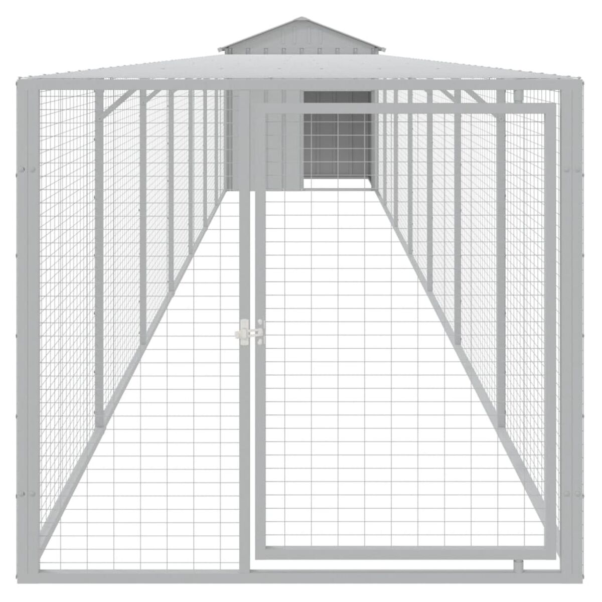 Eine Hundehütte mit grauem Dach und Seitenwänden und Tür aus Drahtgeflecht auf weißem Hintergrund.
