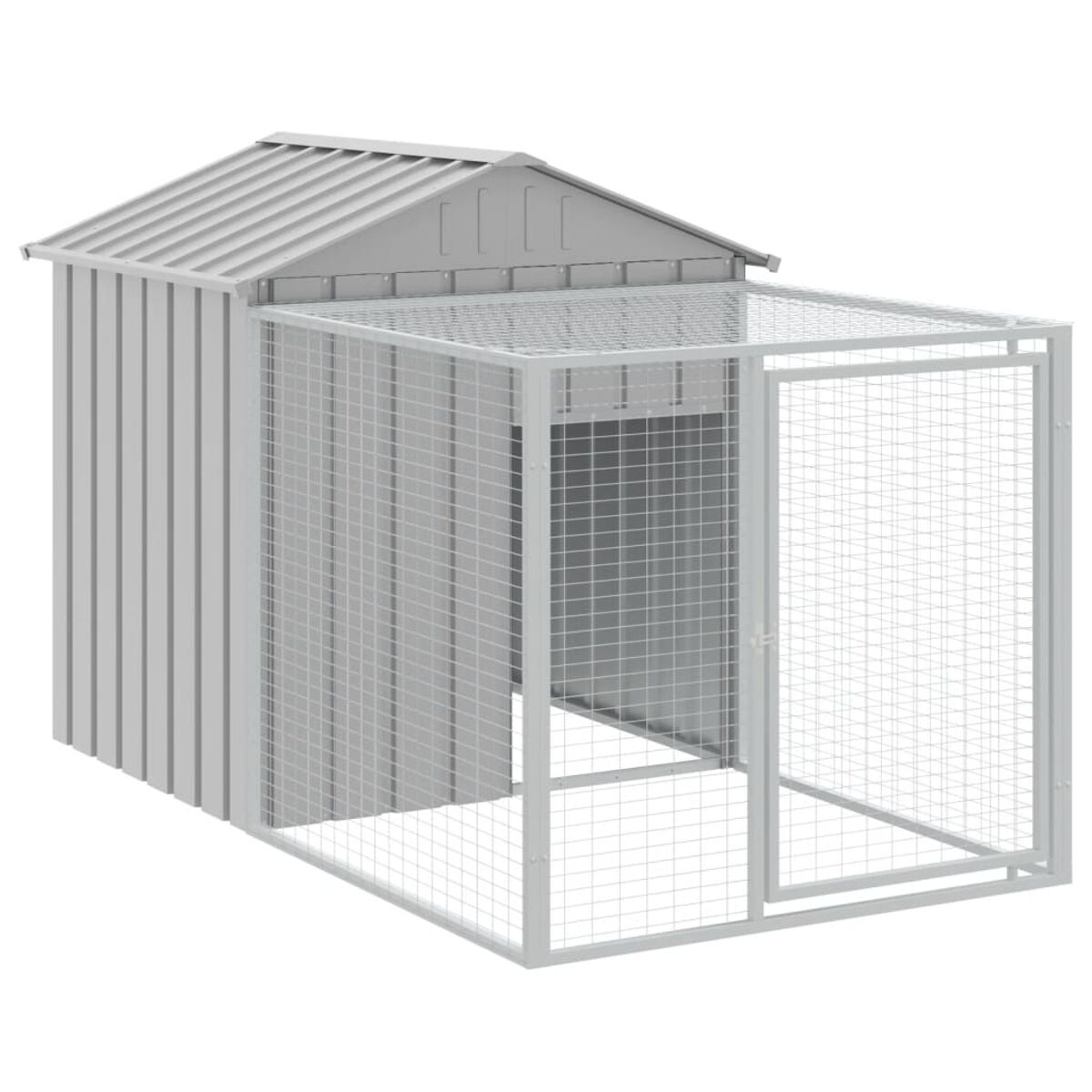 Eine hellgraue Hundehütte aus Metall mit schrägem Dach und Tür und Wänden aus Drahtgeflecht.