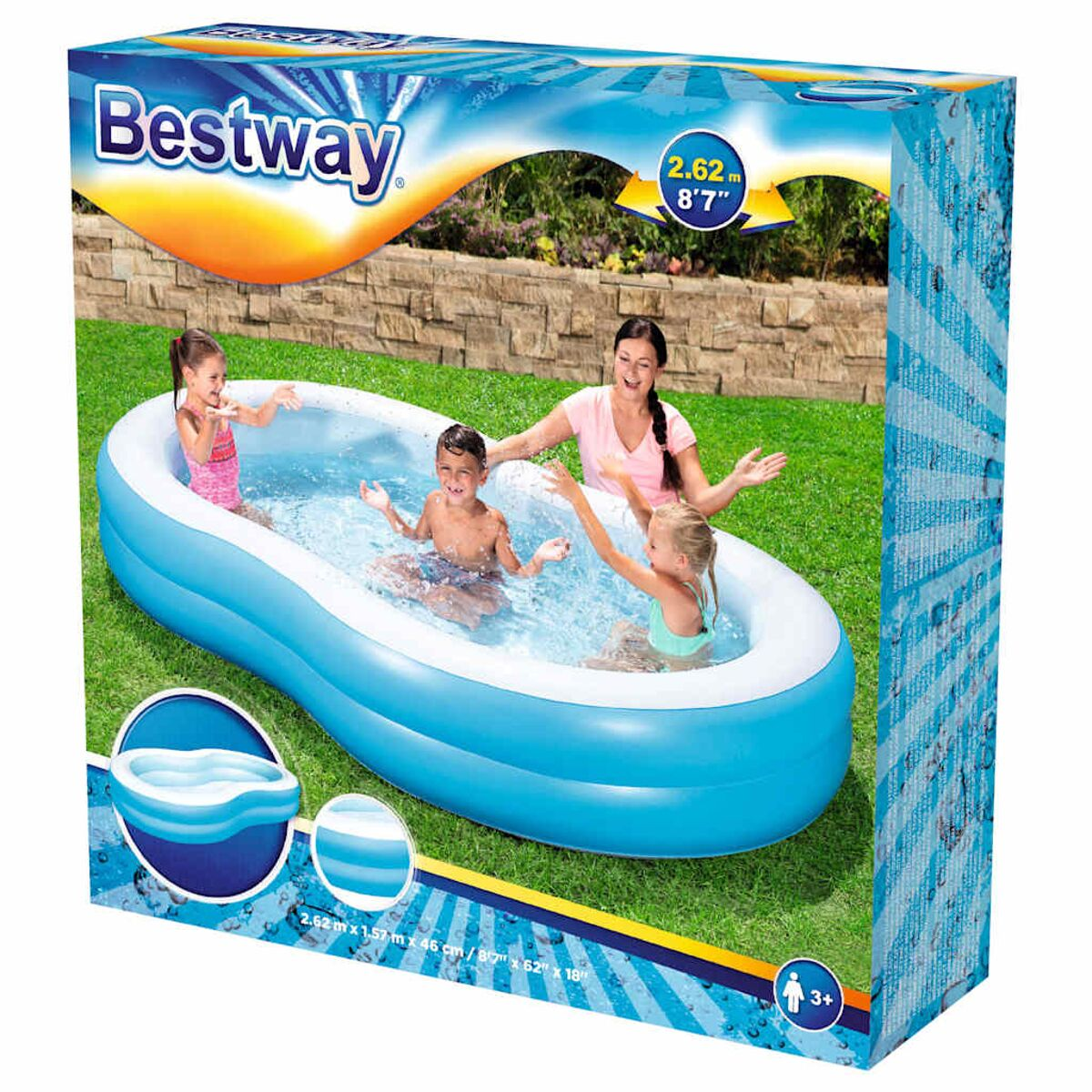 Box mit Bestway-Pool mit Personen darin und grünem Hintergrund.