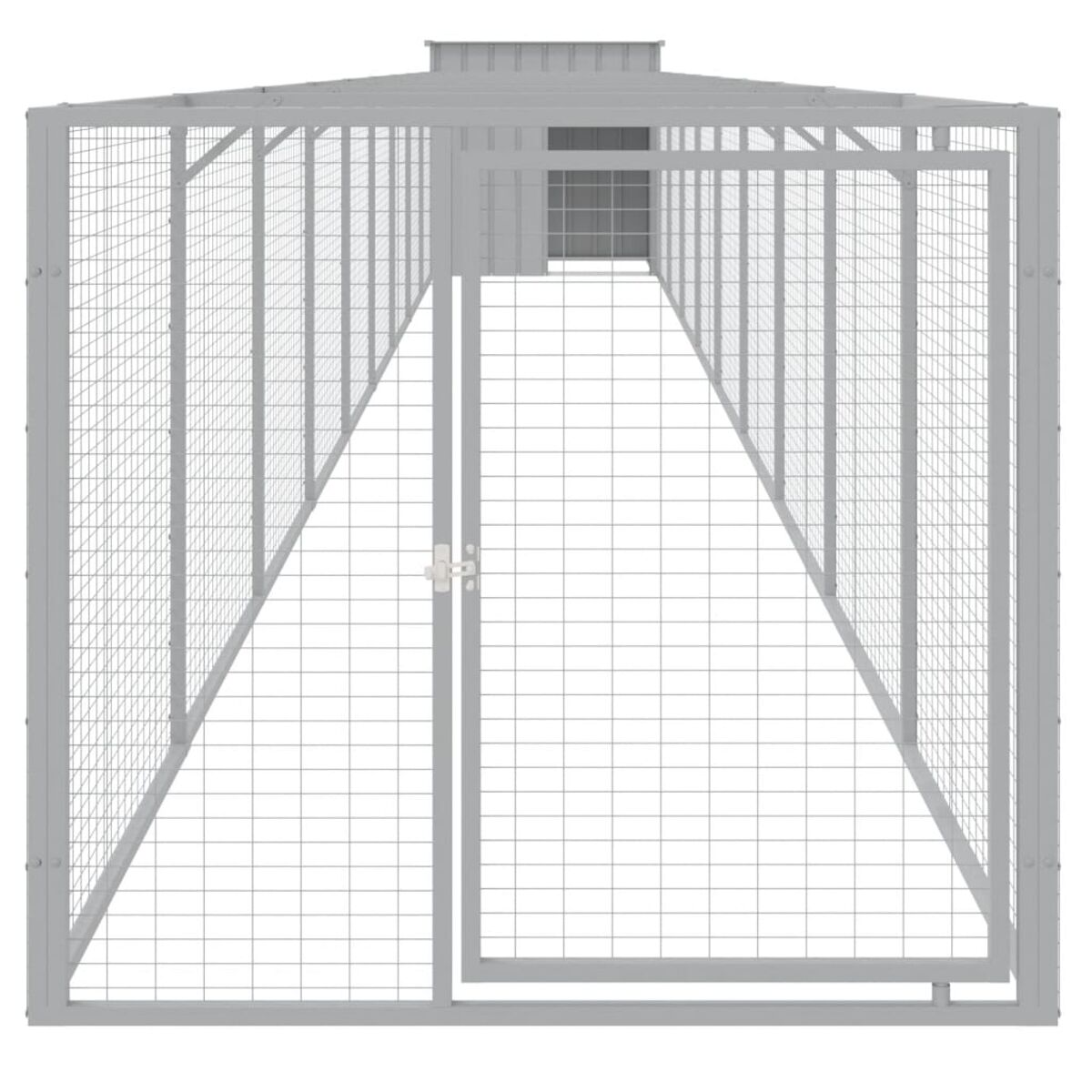 Grauer Hunde-Zwinger aus Metall mit einem Tor, entworfen mit einer Drahtgitterstruktur.