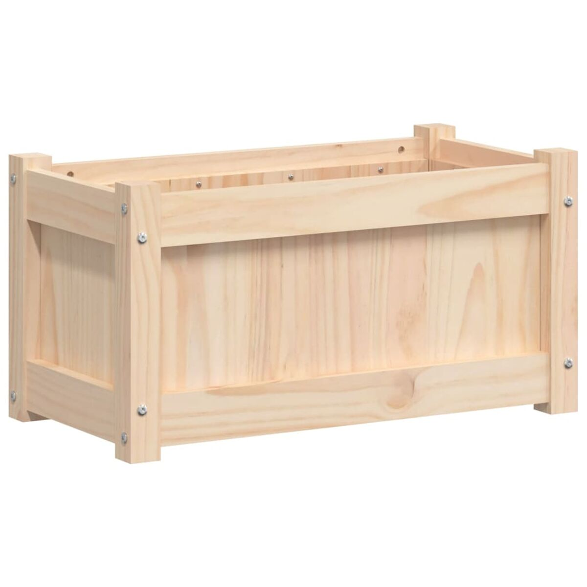 Hellbraune Holzkiste. Vier Eckpfosten sind durch Holzbretter verbunden. Schrauben sind sichtbar.