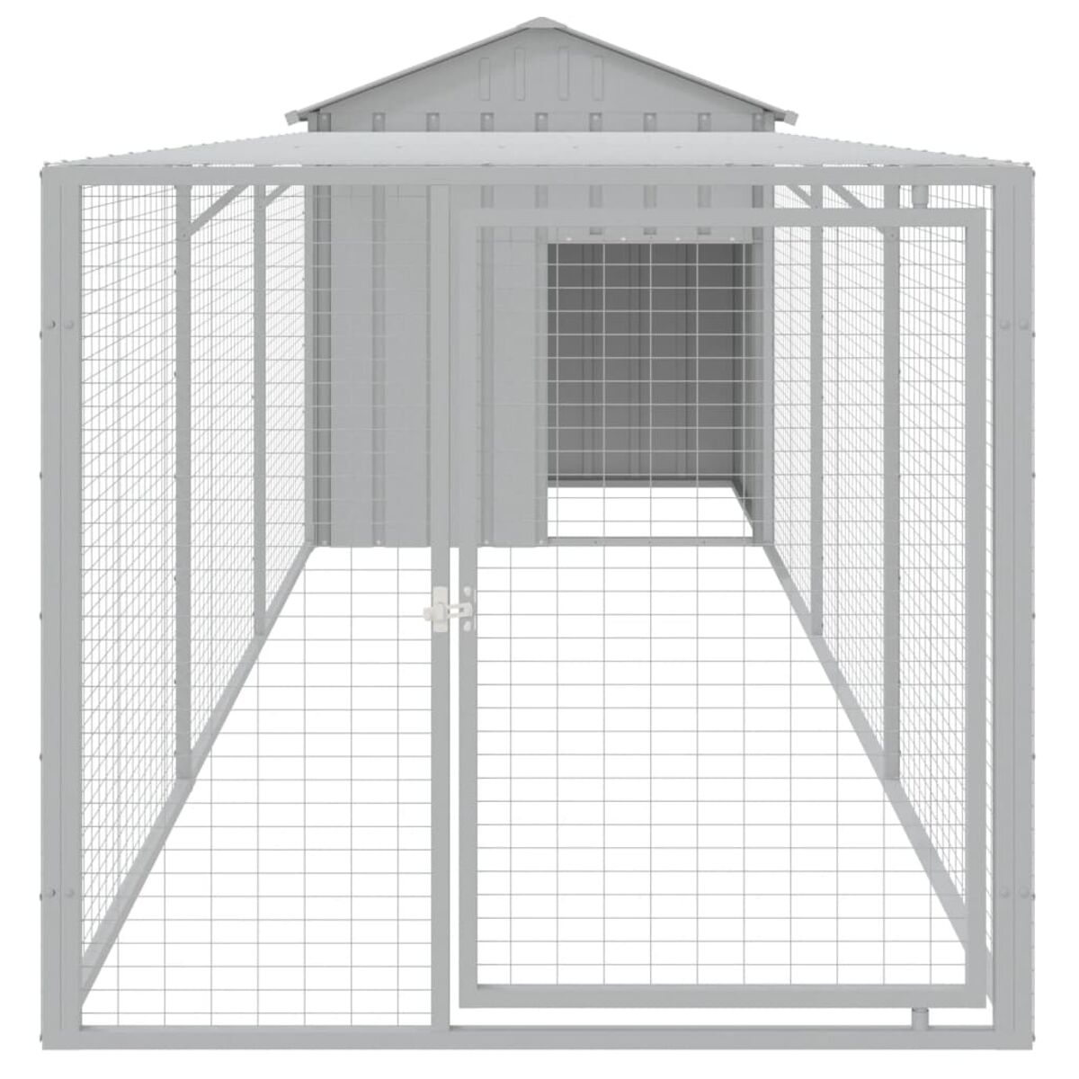 Ein Hunde-Außenkennel aus Metall. Es hat eine Tür und Drahtgitterwände.