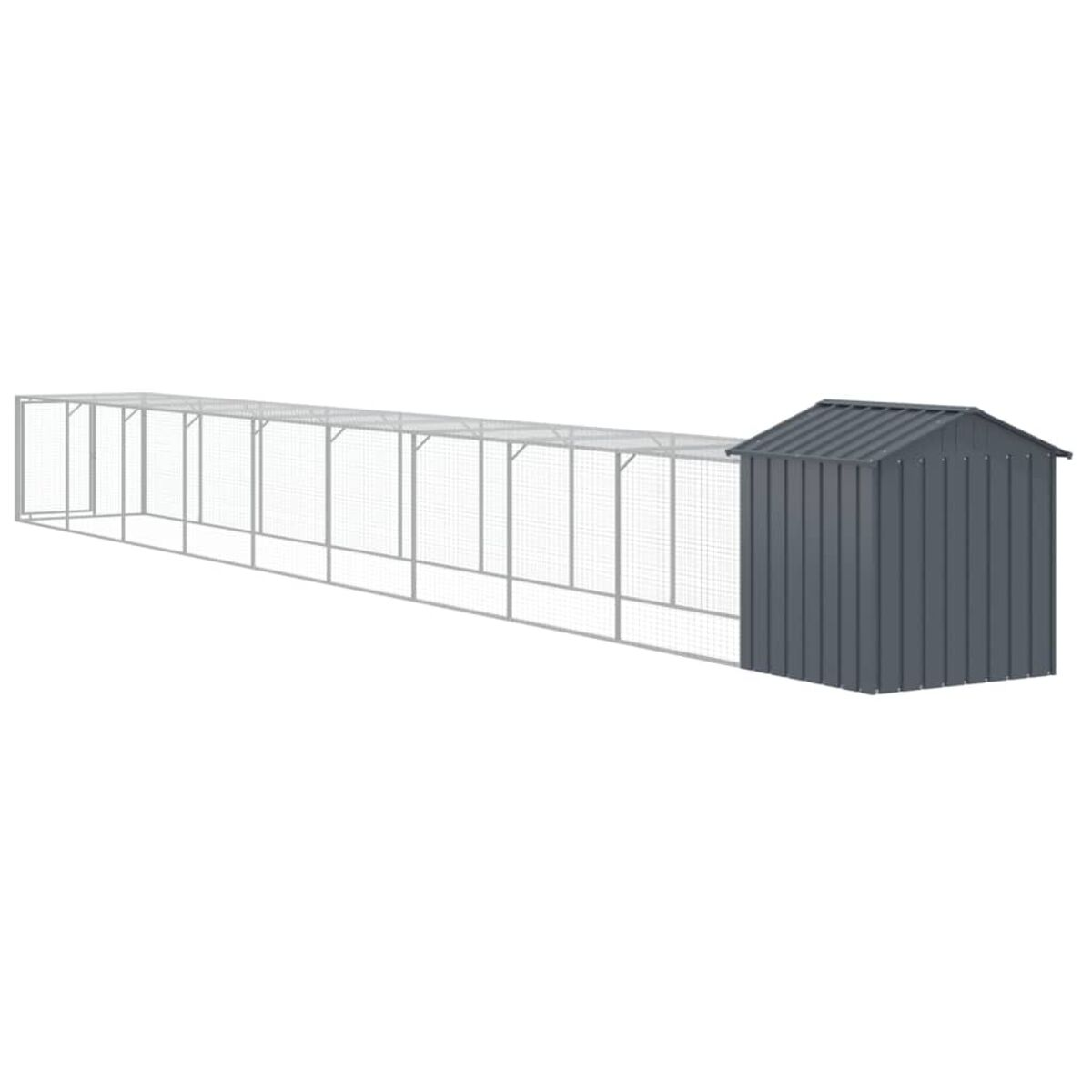 Langer Outdoor-Zwinger mit kleinem Schuppen. Metallrahmen, Drahtgeflechtwände und grauer Schuppen.