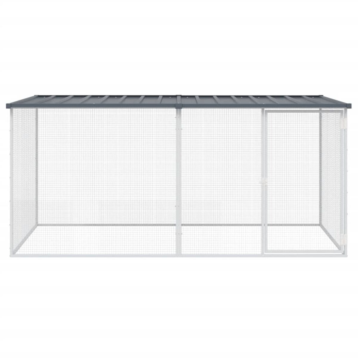 Outdoor-Gehege mit weißem Metallrahmen, grauem Dach und Maschenwänden.