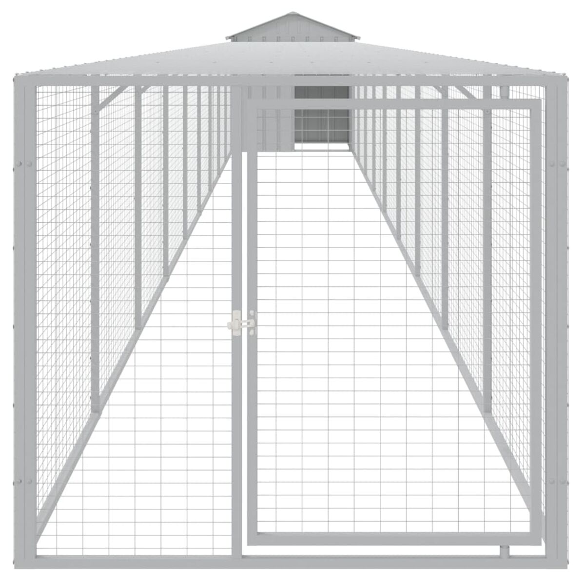 Hunde-Außenkennel, grauer Metallrahmen mit Drahtgitterwänden und Satteldach. Eine Tür ist vorne.