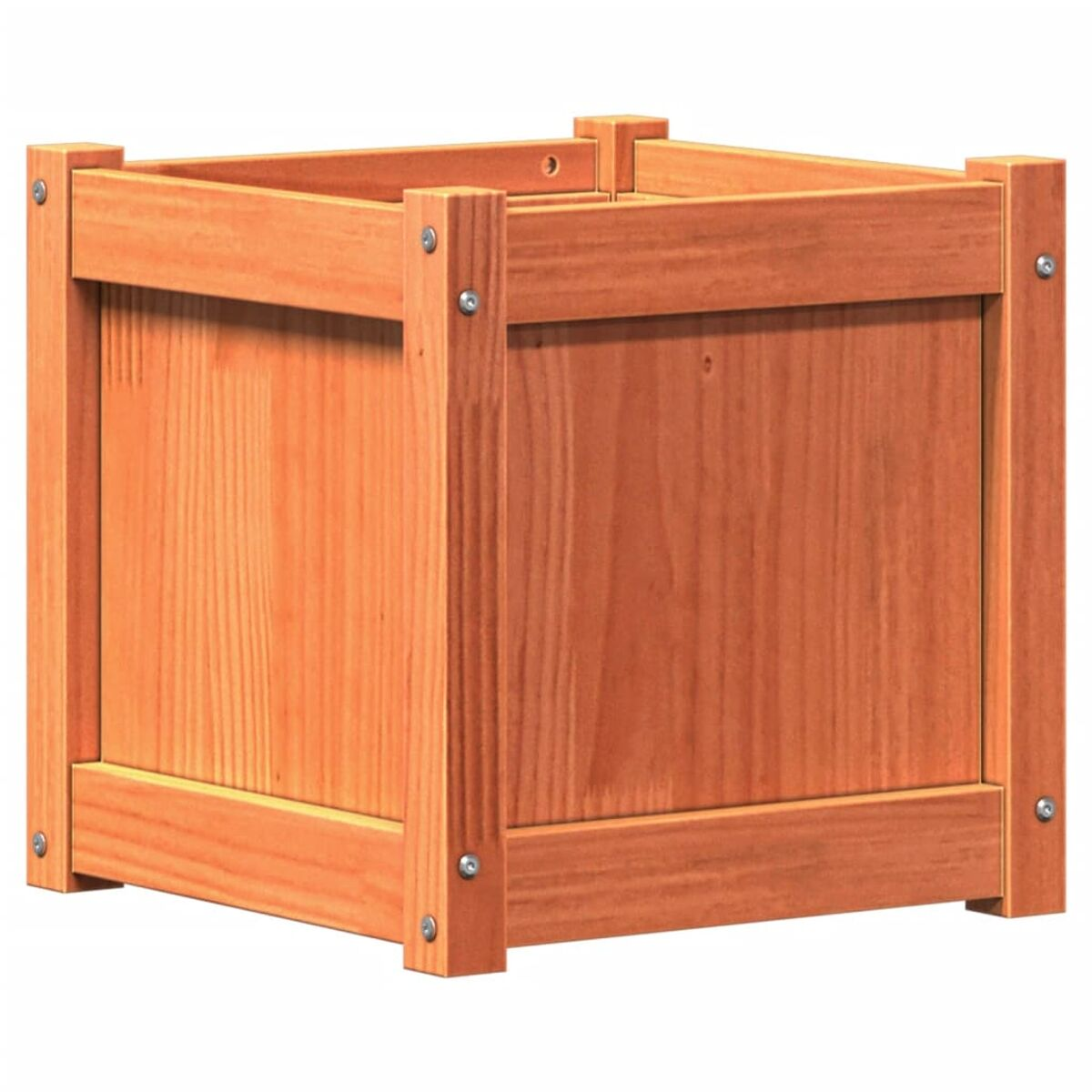 Braune quadratische Holzkiste mit sichtbarer Maserung, mit Schrauben.