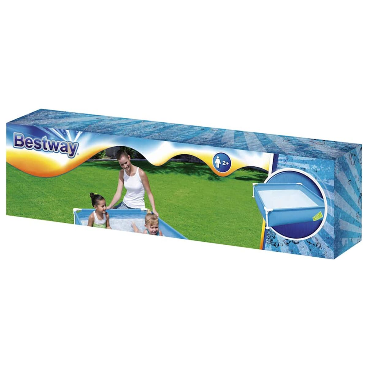 Eine Bestway-Poolbox mit Menschen in einem Pool, mit blauem und weißem Design.