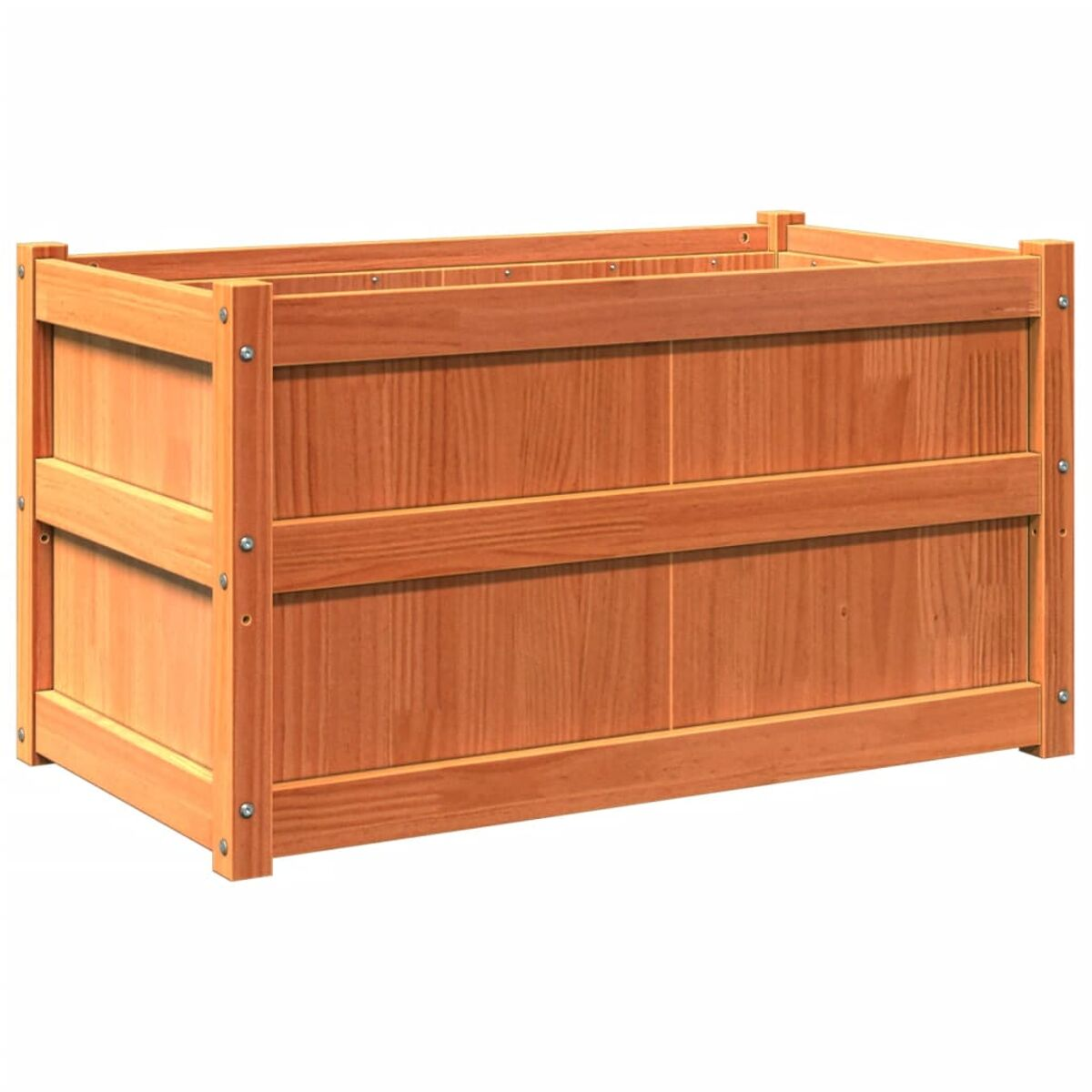 Rechteckige Pflanzkiste aus Holz. Sie hat eine braune Farbe. Die Kiste ist leer. Sie ist aus Holz.