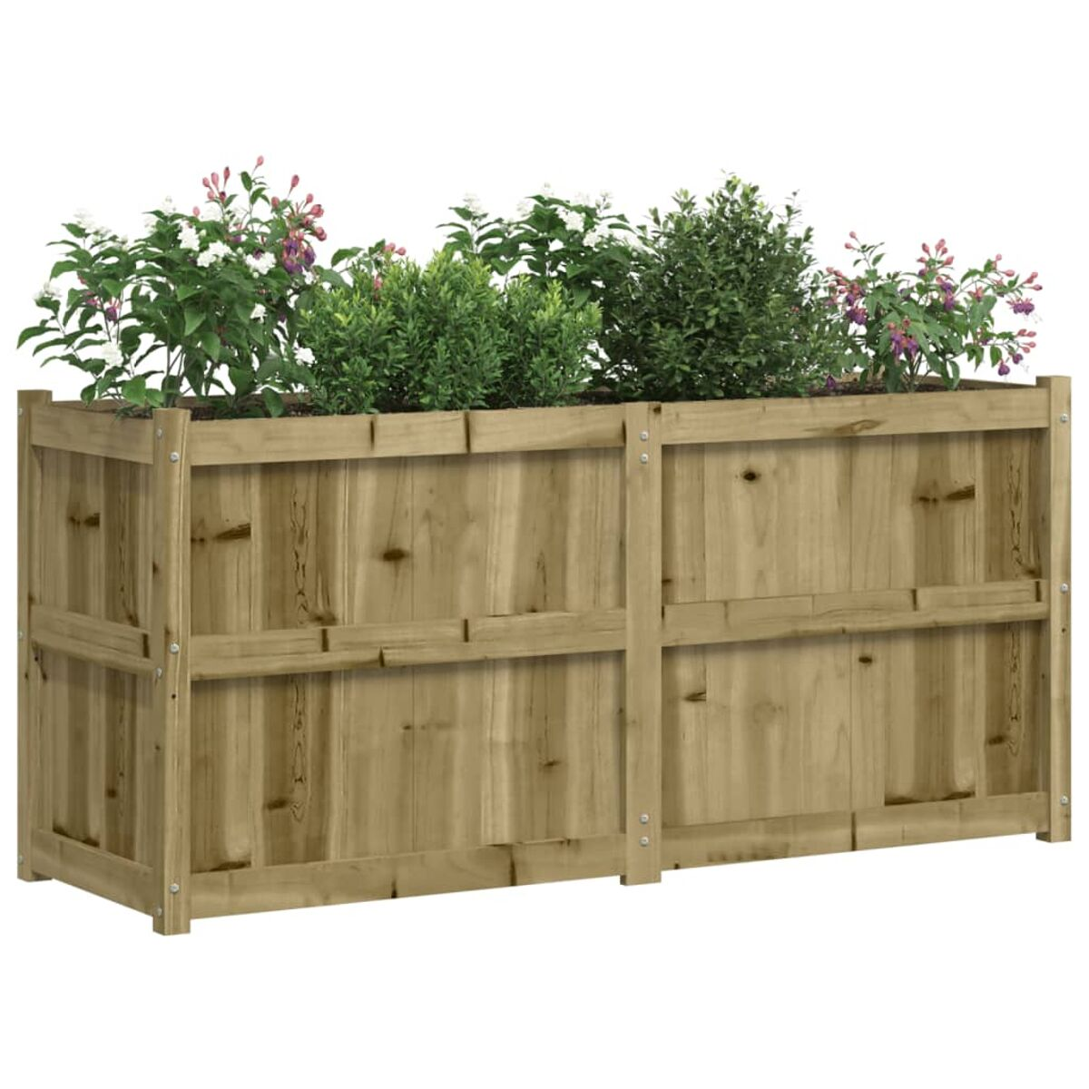 Holzpflanzkasten gefüllt mit verschiedenen grünen Pflanzen und Blumen.