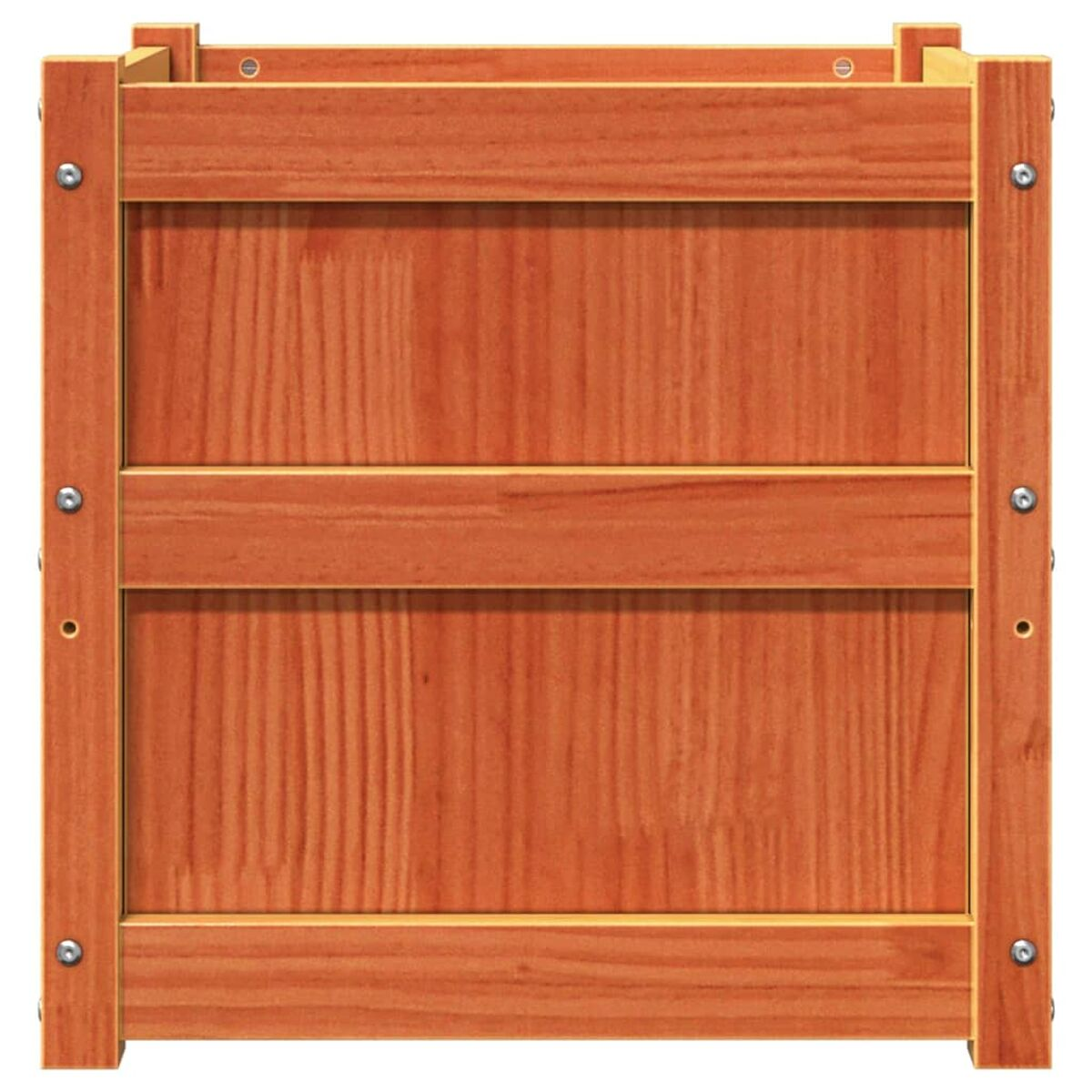 Holzkasten mit horizontalen Lamellen und Metallbolzen. Braune Farbe.