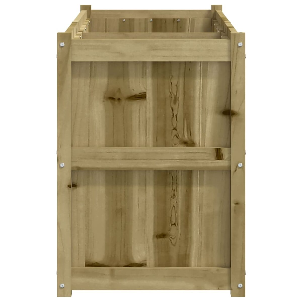 Holzkiste mit vertikalen Brettern und horizontalen Stützen, von vorne betrachtet.