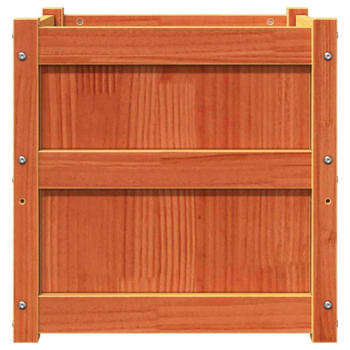 Pflanzkasten aus Holz mit sichtbaren Schrauben und horizontalen Brettern, rotbraun gebeizt.
