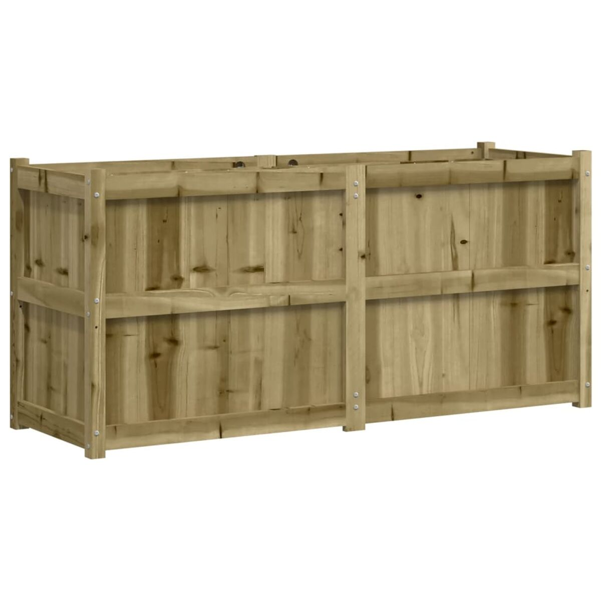 Rechteckiger Pflanzkasten aus Holz. Die Konstruktion hat vertikale Holzlatten und ist unbemalt.