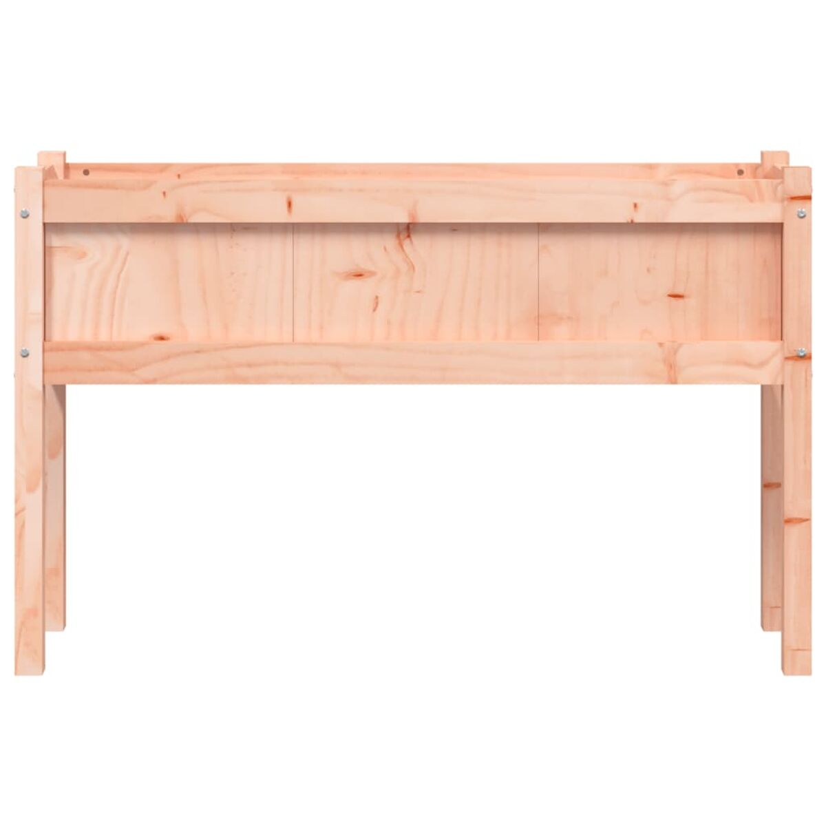 Pflanzkasten aus Holz. Er besteht aus hellem Holz, hat ein einfaches Design und Beine.