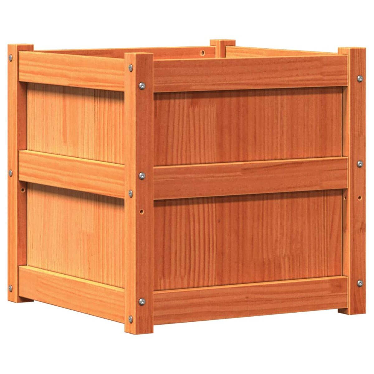 Eine quadratische Holzkiste in hellbrauner Farbe, mit sichtbaren Schrauben montiert.