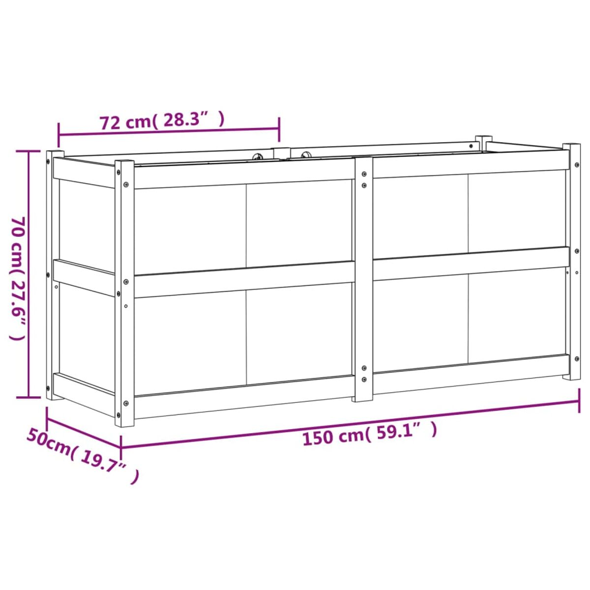 Ein weißer Schrank mit den Maßen: 150x70x50 cm. Er hat zwei Ebenen. Die Maße werden mit Pfeilen angezeigt.