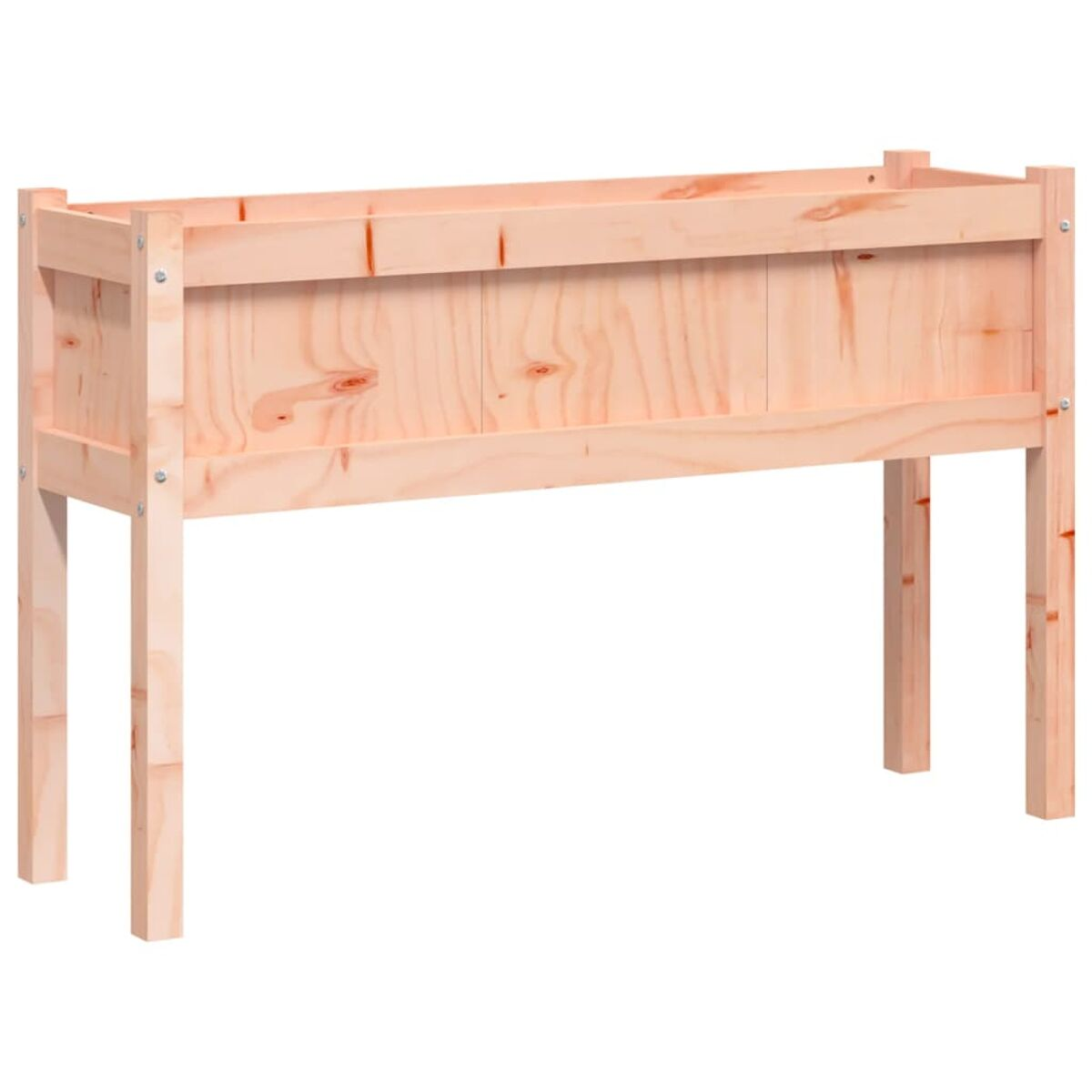 Pflanzkasten aus Holz. Er hat eine rechteckige Form mit einem Lattenrücken und Beinen.