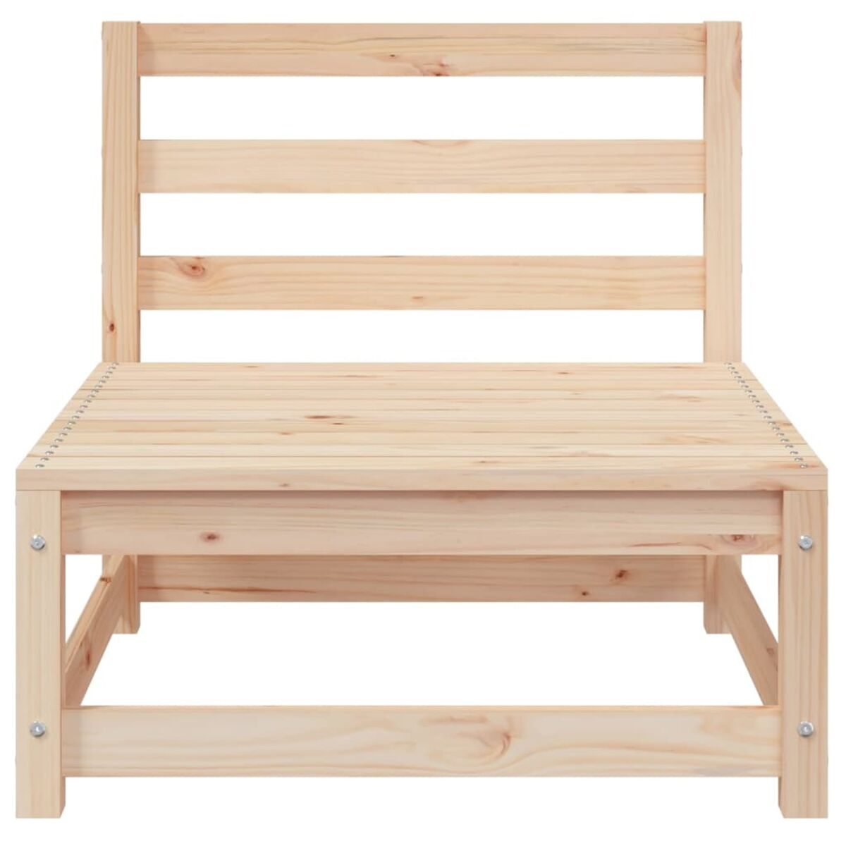 Holz-Außenstuhl mit schlichtem Design, sichtbaren Schrauben und weißem Hintergrund.