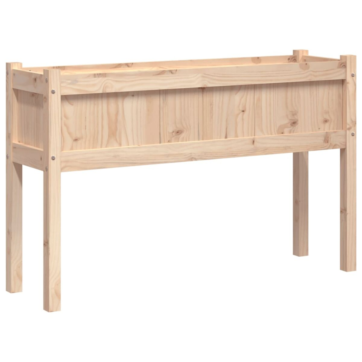Ein hölzerner Pflanzkasten auf vier Beinen, aus hellem Holz, drinnen vor einer weißen Wand.