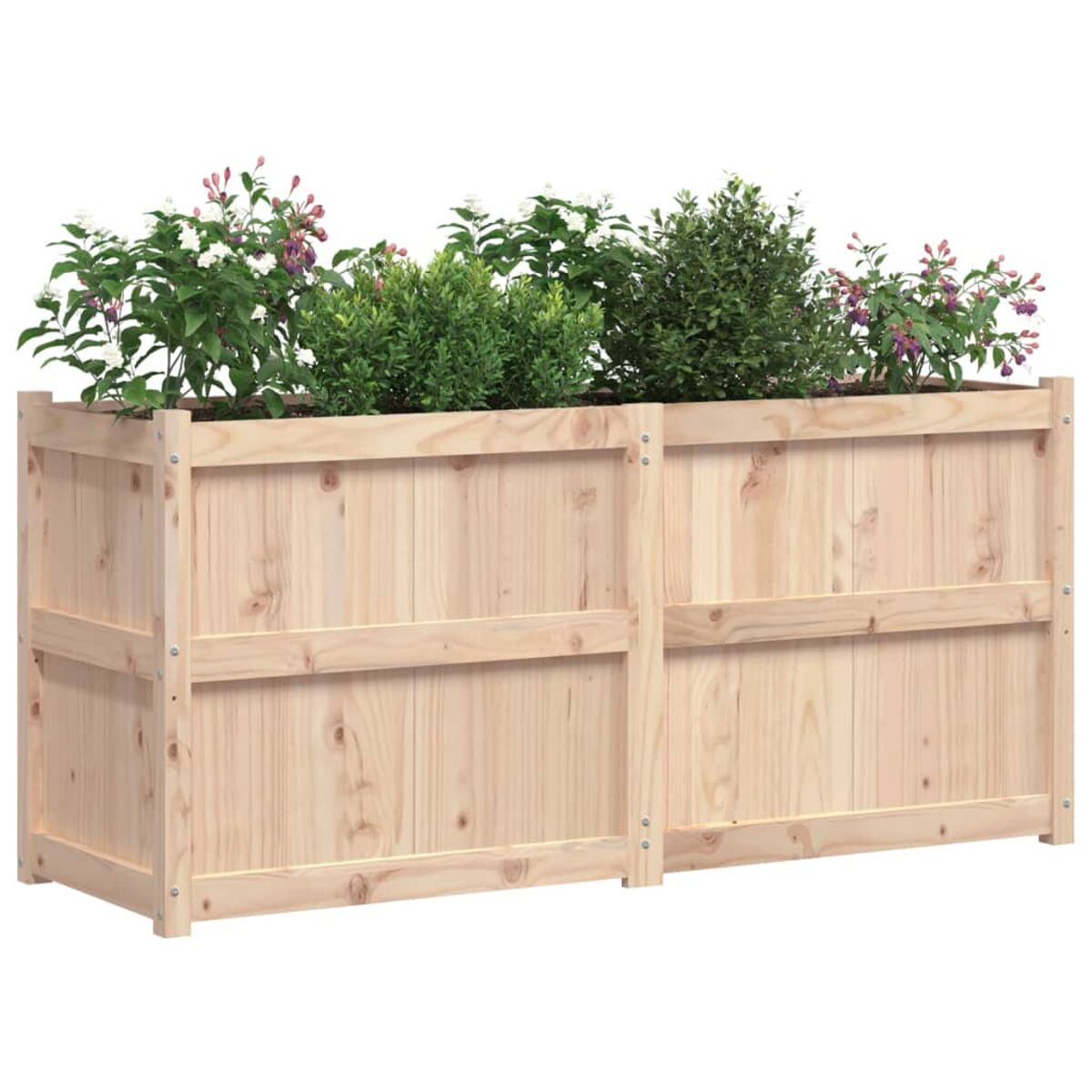 Erhöhtes Gartenbeet aus Holz mit Pflanzen gefüllt. Es ist rechteckig.