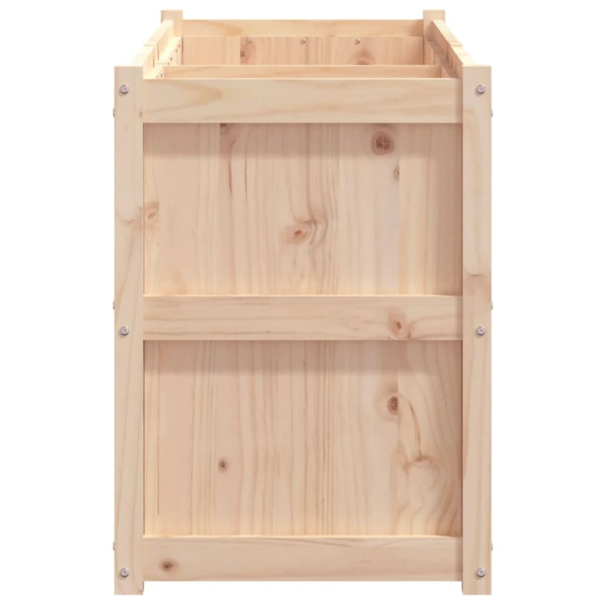 Holzkiste. Sie hat zwei massive Holzplatten und vertikale Lamellen an den Seiten.