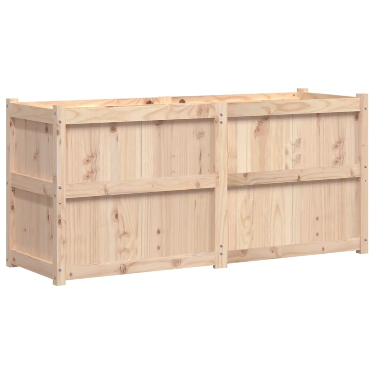 Holz-Aufbewahrungsbox, rechteckig, mit Holzmaserung. Braun, solide Konstruktion. Zwei Abschnitte sichtbar.
