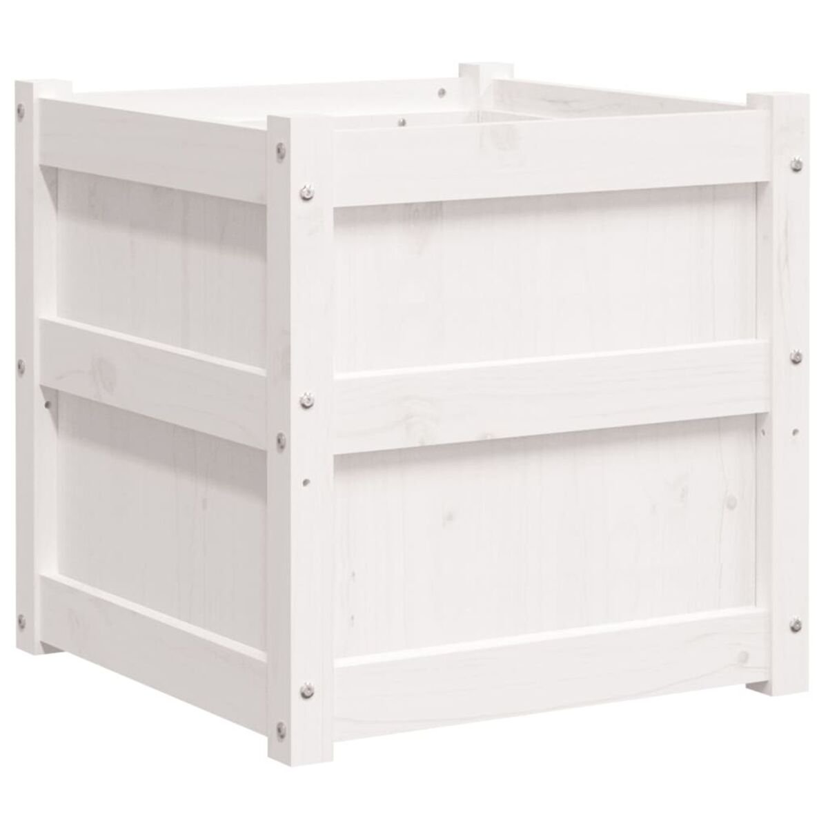 Eine weiße quadratische Pflanzkiste mit Holzlatten. Die Kiste hat ein schlichtes Design.