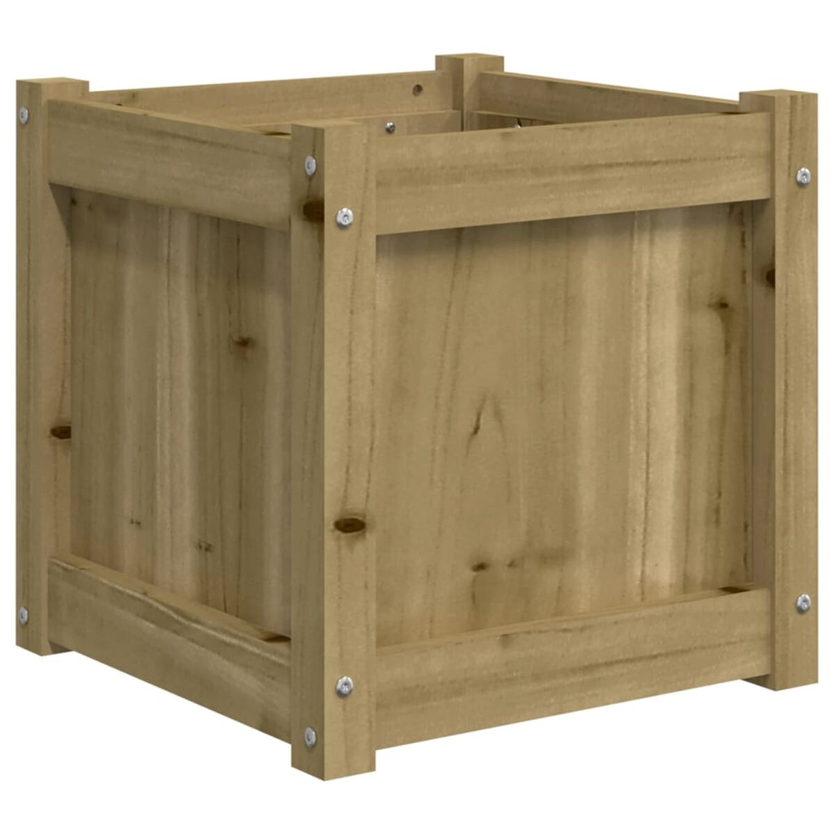 Eine quadratische Holz-Pflanzkasten mit Holzlatten und Metallnieten.