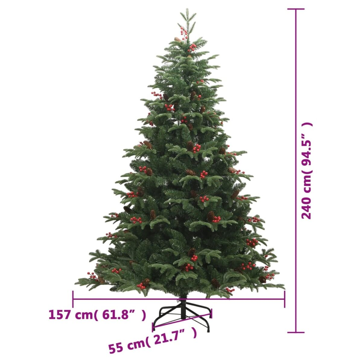 Ein hoher, grüner Weihnachtsbaum mit roten Ornamenten. Er hat einen schwarzen Ständer und Maße sind sichtbar.