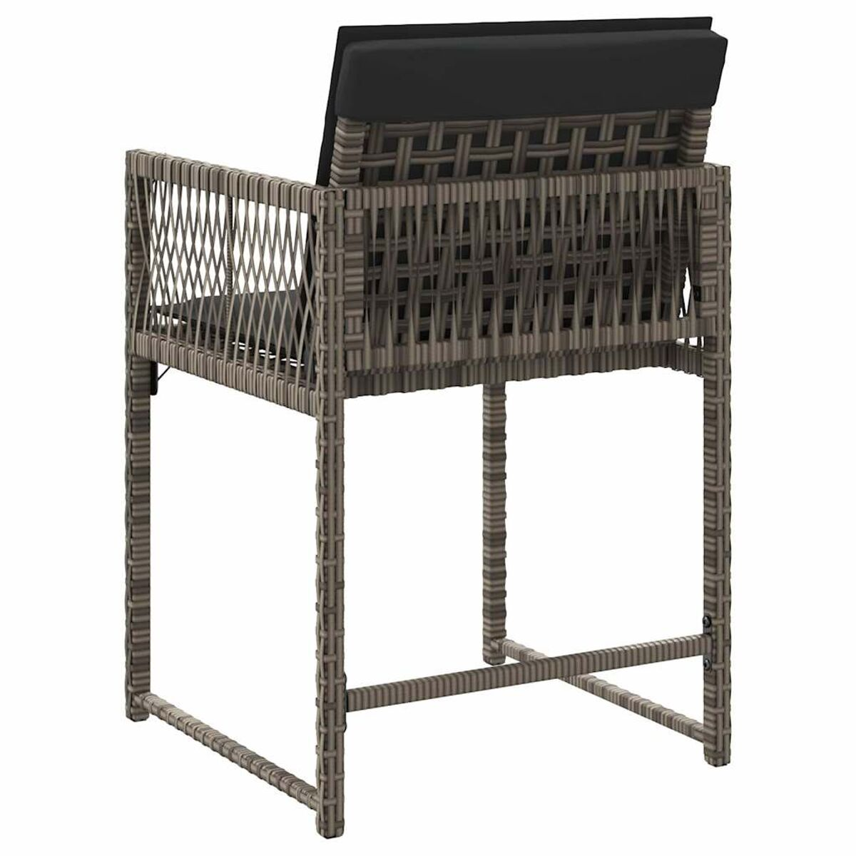 Ein hoher Barhocker von hinten gesehen. Er hat einen gewebten Sitz, ein schwarzes Kissen und einen stabilen Rahmen.