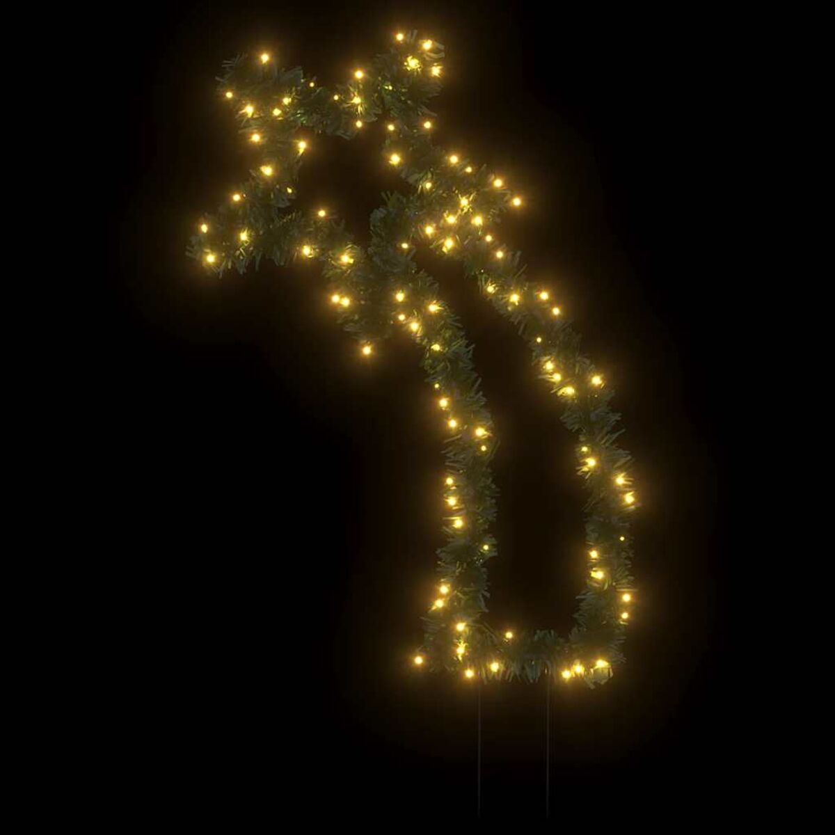 Weihnachtsdekoration in Form eines Rentiers aus Lichterketten auf schwarzem Hintergrund.