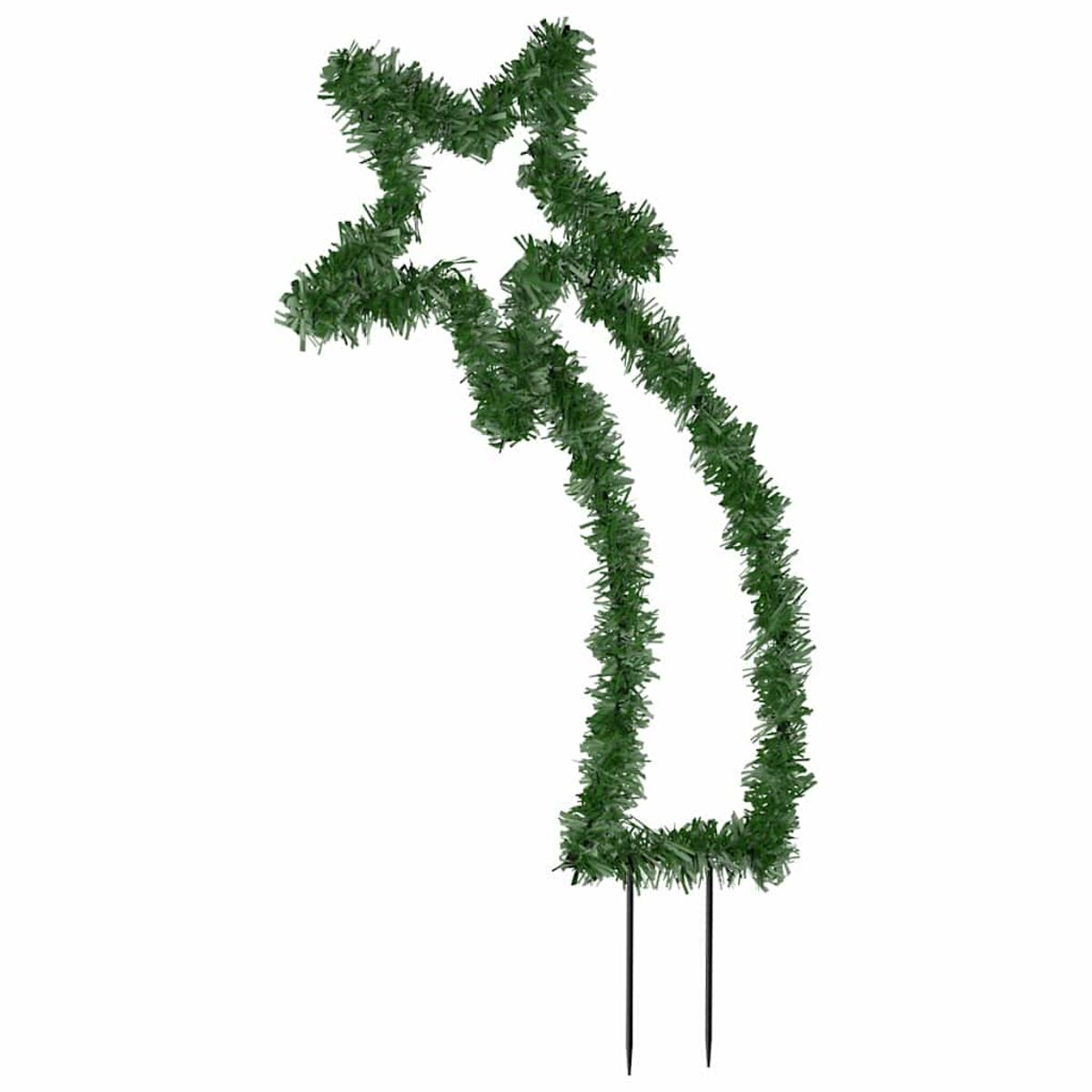 Grüne künstliche Pflanzendekoration in Form einer Giraffe, mit zwei schwarzen Metallpfählen.