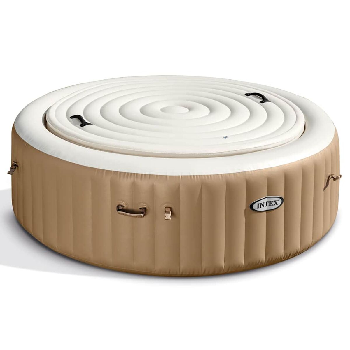 Ein runder aufblasbarer Whirlpool mit Abdeckung. Er ist beige und weiß.