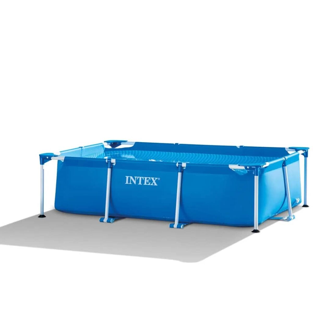 Ein blauer rechteckiger Intex-Pool mit weißen Beinen, weißer Hintergrund.