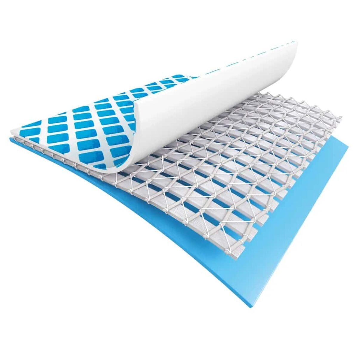Schichten von Poolmaterialien: blaue Basis, Netz und gemusterte Deckschicht.