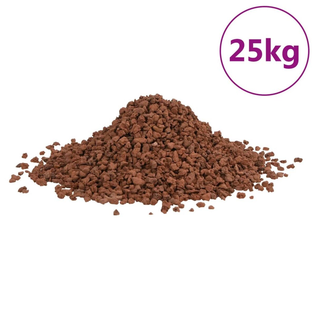 Ein Haufen braunes, körniges Material, wahrscheinlich Lavagestein, mit einem lila '25kg' Etikett oben rechts.