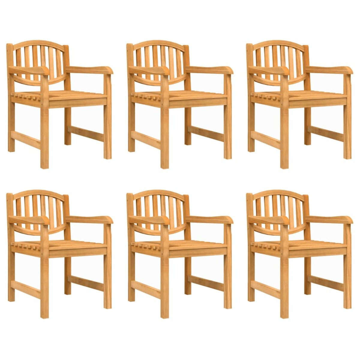 Sechs Holzstühle mit Armlehnen, in zwei Reihen angeordnet.