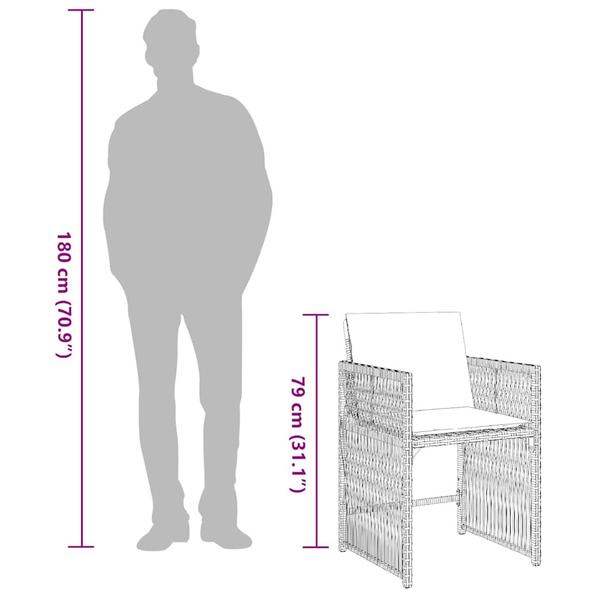Silhouette di una persona accanto a una sedia, che mostra il confronto dell'altezza.