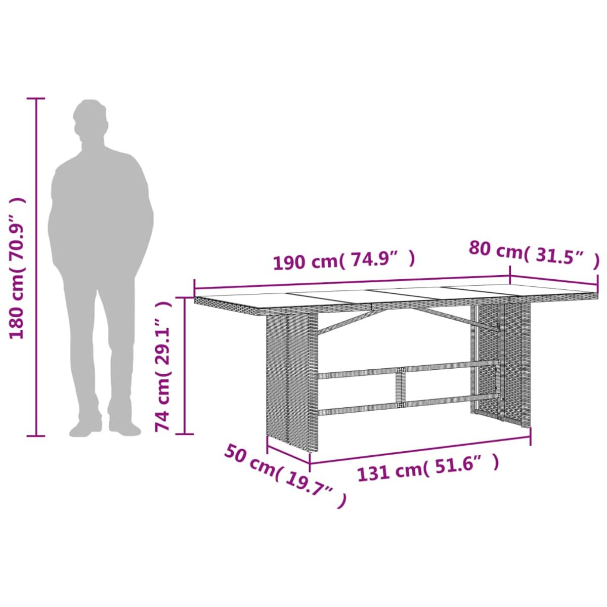 Diagramm, das die Abmessungen eines Rattan-Esstisches im Freien veranschaulicht. Beinhaltet eine Personensilhouette.