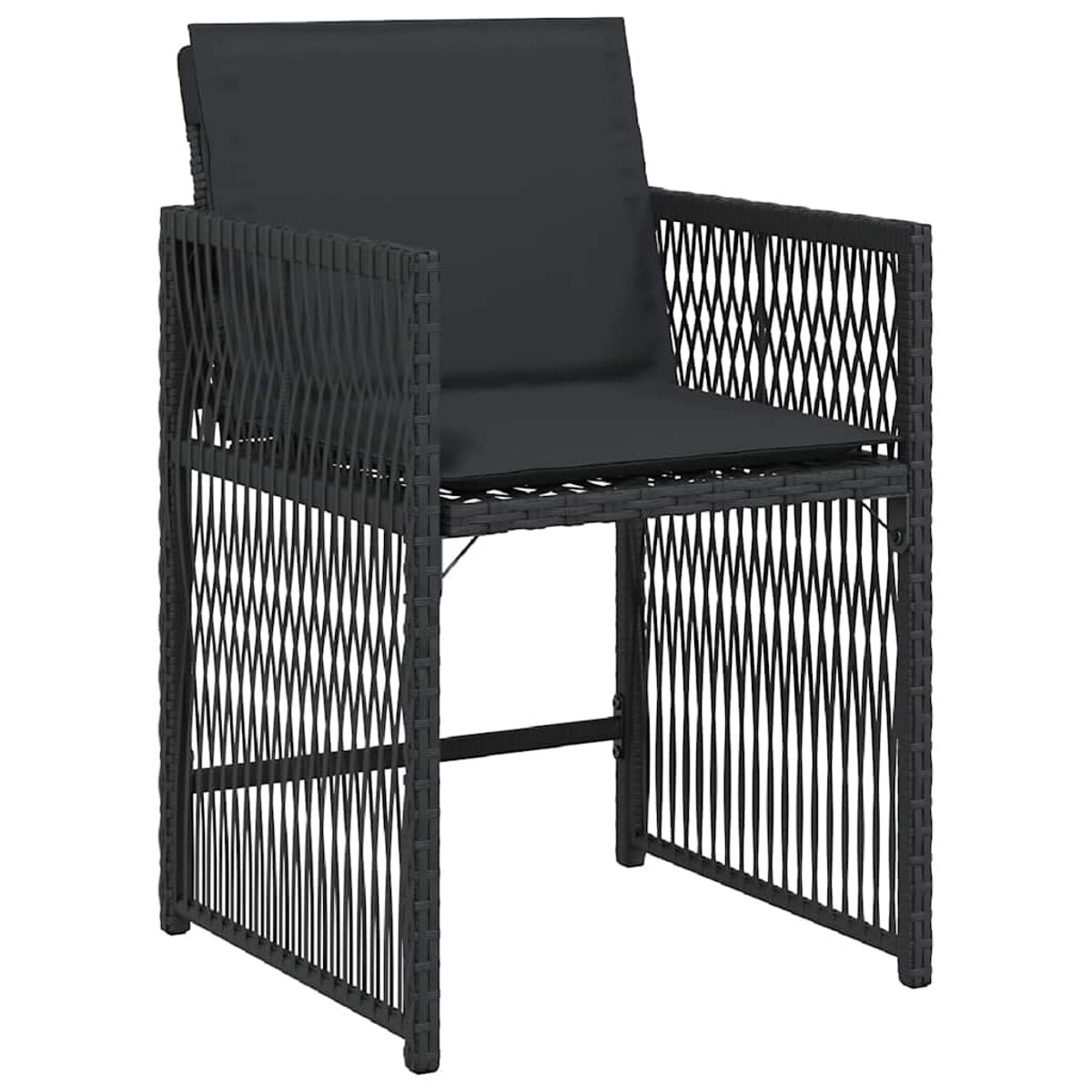 Sedia da esterno in rattan nero con cuscino su seduta e schienale.