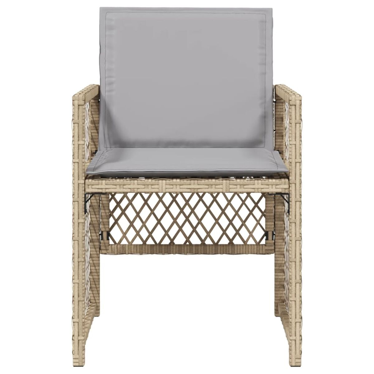 Sedia in vimini con cuscino grigio. Vimini beige con cuscino e schienale grigi.