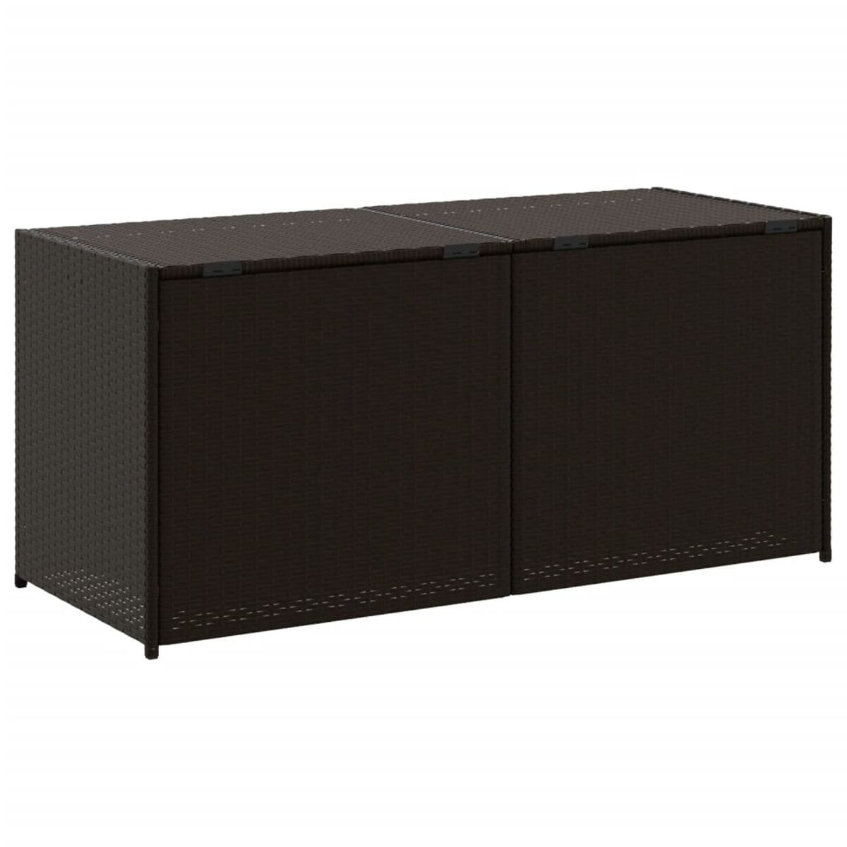 Eine dunkelbraune Outdoor-Aufbewahrungsbox mit zwei Türen.