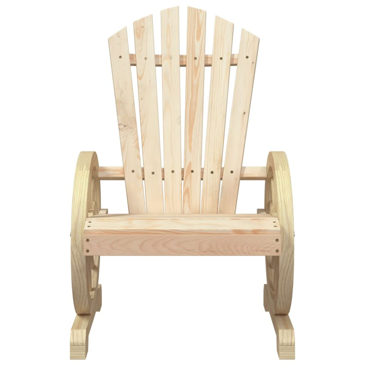 Schaukelstuhl aus Holz mit Lattenrücken und geschwungenen Kufen. Der Stuhl ist leer.