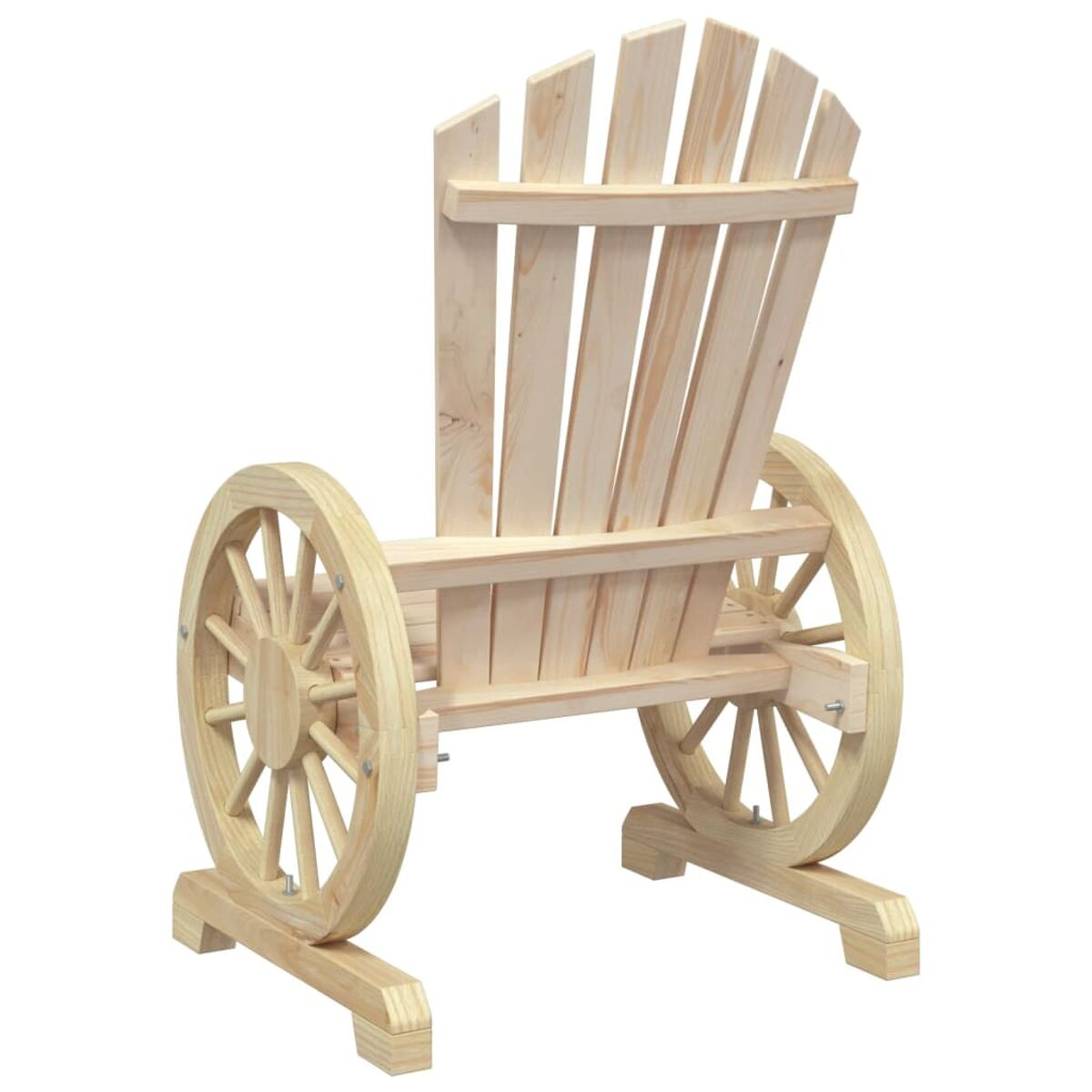 Heller Holzstuhl mit Wagenradseiten, Rückenlehne aus Holzlatten.