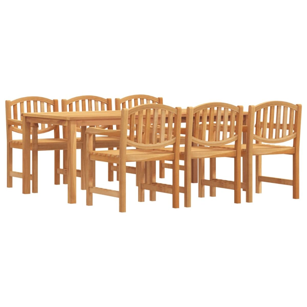 Ein Ess-Set für draußen aus Holz mit Tisch und Stühlen.